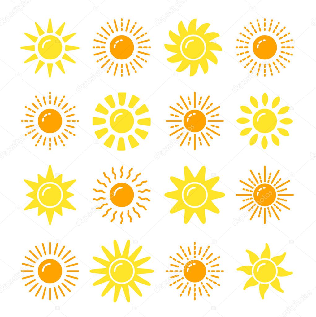 Sun symbol collection. Flat vector icon set. Sunlight signs. Wea
