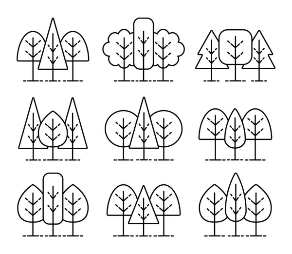 Símbolos simples de árvores geométricas. Conjunto de ícones de linha de plantas florestais. N — Vetor de Stock