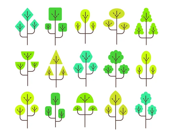 Simple geometric green tree symbols. Flat icon set of summer for — Stock Vector