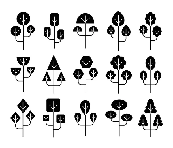 Símbolos simples de árvores geométricas. Conjunto de ícones planos de plantas florestais. N — Vetor de Stock