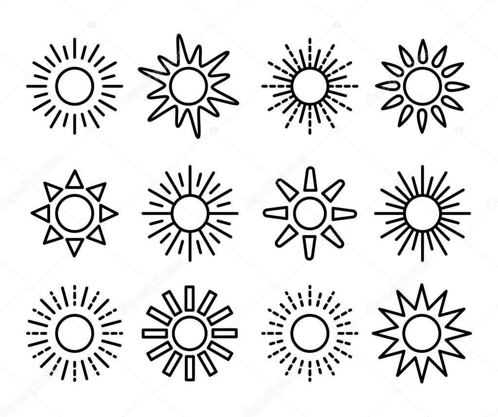 Sun symbol collection. Line vector icon set. Sunlight signs. Wea