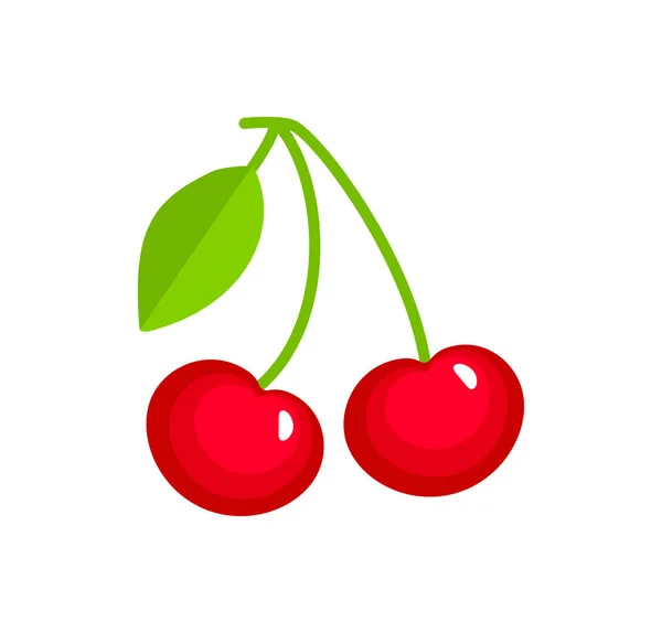 Ilustración vectorial de dos cerezas rojas maduras con tallo y hojas . — Vector de stock