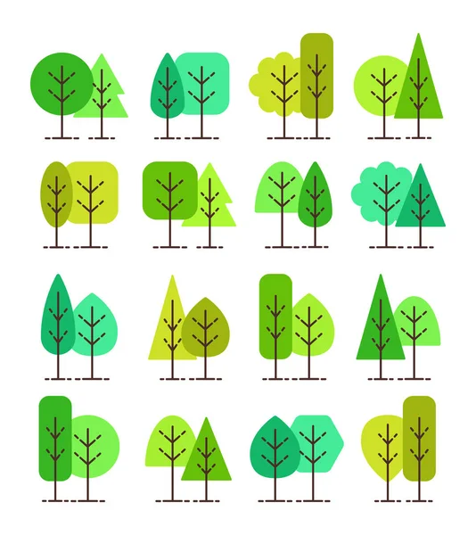 Símbolos geométricos simples del árbol. Conjunto de iconos planos de verano verde para — Vector de stock