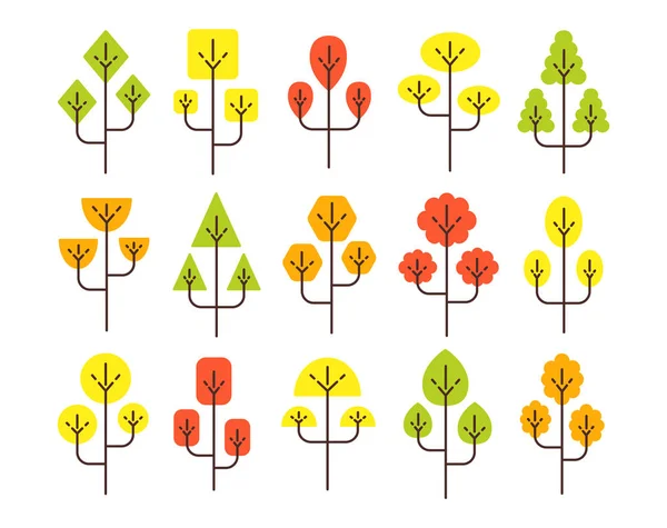 Símbolos geométricos simples del árbol de otoño. Conjunto de iconos planos de bosque pl — Vector de stock