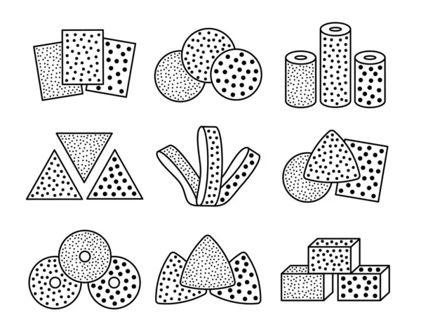 Hojas de papel de lija, discos, rollos, triángulos. Vector blanco y negro — Vector de stock