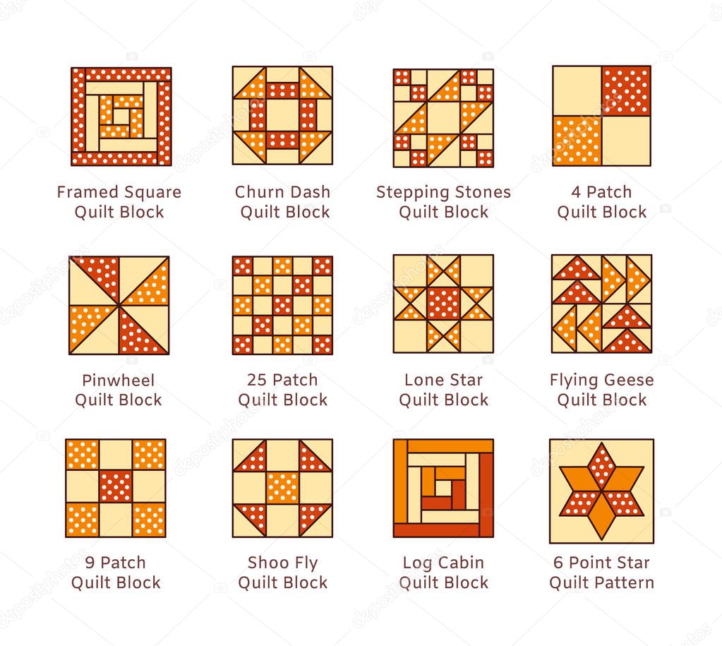 Quilt sewing pattern. Log cabin, pinwheel tiles. Quilting & patchwork blocks from fabric squares, triangles. Vector flat colorful icon set. Isolated objects on white background