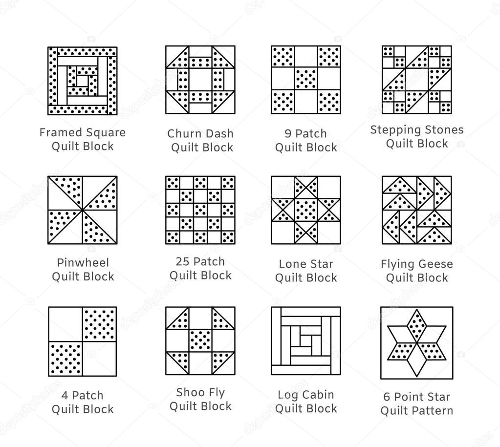 Quilt sewing pattern. Log cabin, pinwheel tiles. Quilting & patchwork blocks from fabric squares, triangles. Vector line icon set. Isolated objects on white background
