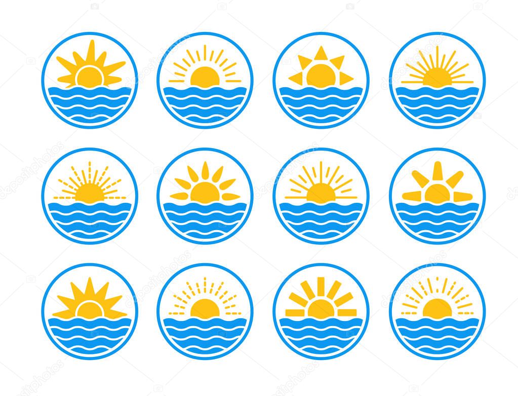 Sunrise over sea, ocean. Sunset over lake, river. Summer round labels, emblems with sun & waves. Set of flat symbols, signs for travel & tourism. Colorful vector illustration