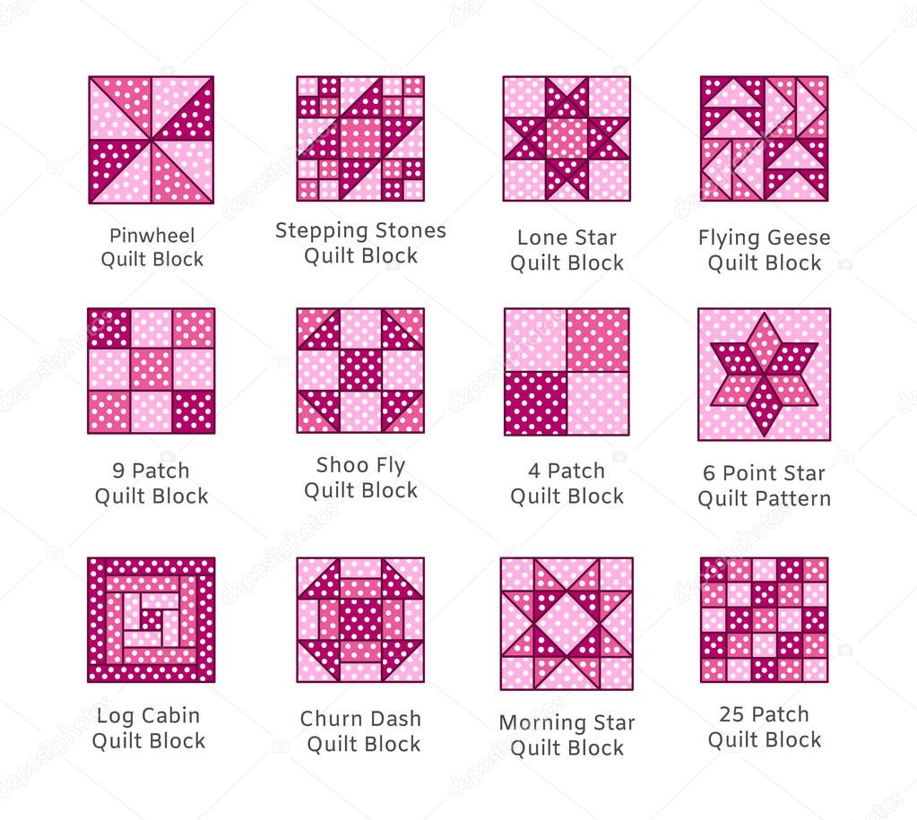Quilt sewing pattern. Log cabin, pinwheel tiles. Quilting & patchwork fabric blocks with polka dot. Vector flat pink icon set. Isolated objects on white background