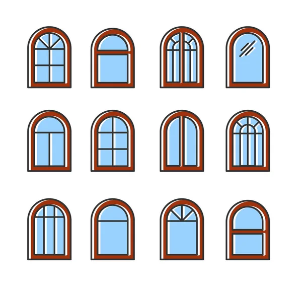 Fenêtre cintrée & arc en bois. Châssis de fenêtre à battants et auvent. Fla — Image vectorielle
