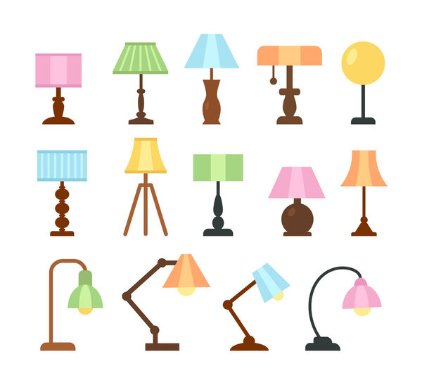 Table lamps. Flat icon set. Light fixtures. Home & office lighti