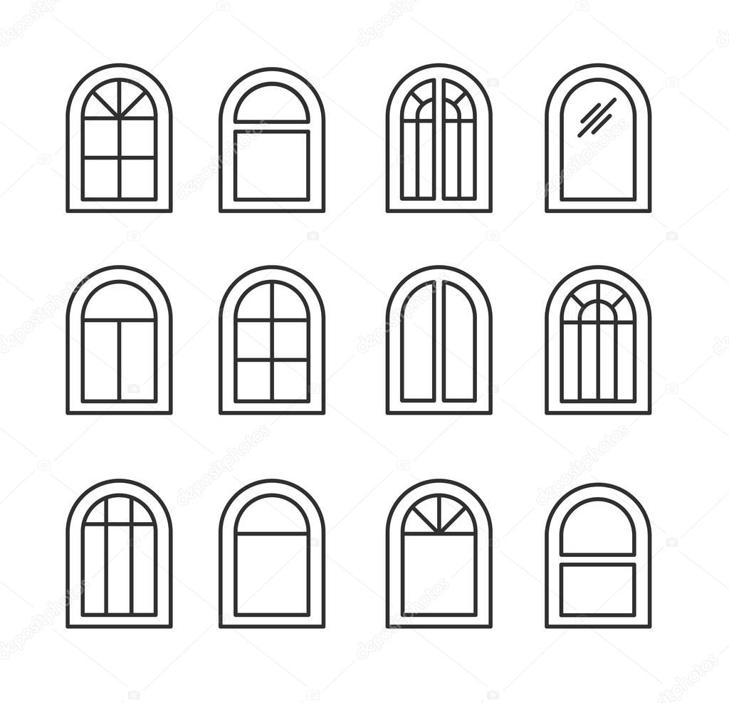 Arched & arch window. Casement & awning window frames. Line icon set. Vector illustration. Isolated objects on white background