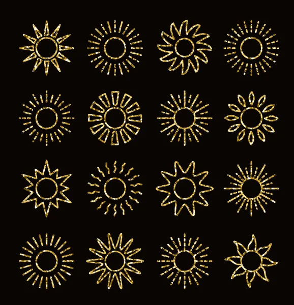 Χρυσές γκλίτερ εικόνες από τον ήλιο με διαφορετικές ακτίνες. Χρυσό καλοκαιρινό σύμβολο — Διανυσματικό Αρχείο