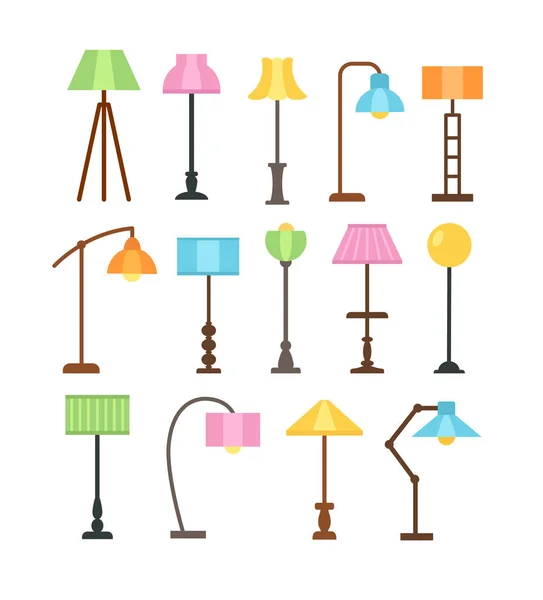 Modern floor lamps with led light bulbs. Standing lampshades. Ac — Stock Vector