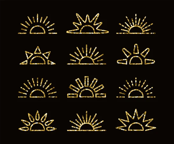 Golden glitter sunrise & sunset coleção de símbolos com folha mosa —  Vetores de Stock
