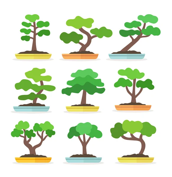 Japońskie drzewo bonsai. Zestaw ikon płaskich. Małe rośliny ogrodowe z le — Wektor stockowy