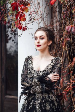 siyah gece elbisesi kırmızı sonbahar yaprakları ile ev dolaşık giriş eski yakınındaki poz çekici genç kadın
