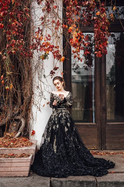 Attraktive Junge Frau Schwarzem Abendkleid Posiert Der Nähe Des Eingangs — Stockfoto