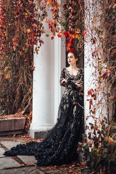 Attraktive Junge Frau Schwarzem Abendkleid Posiert Der Nähe Des Eingangs — Stockfoto