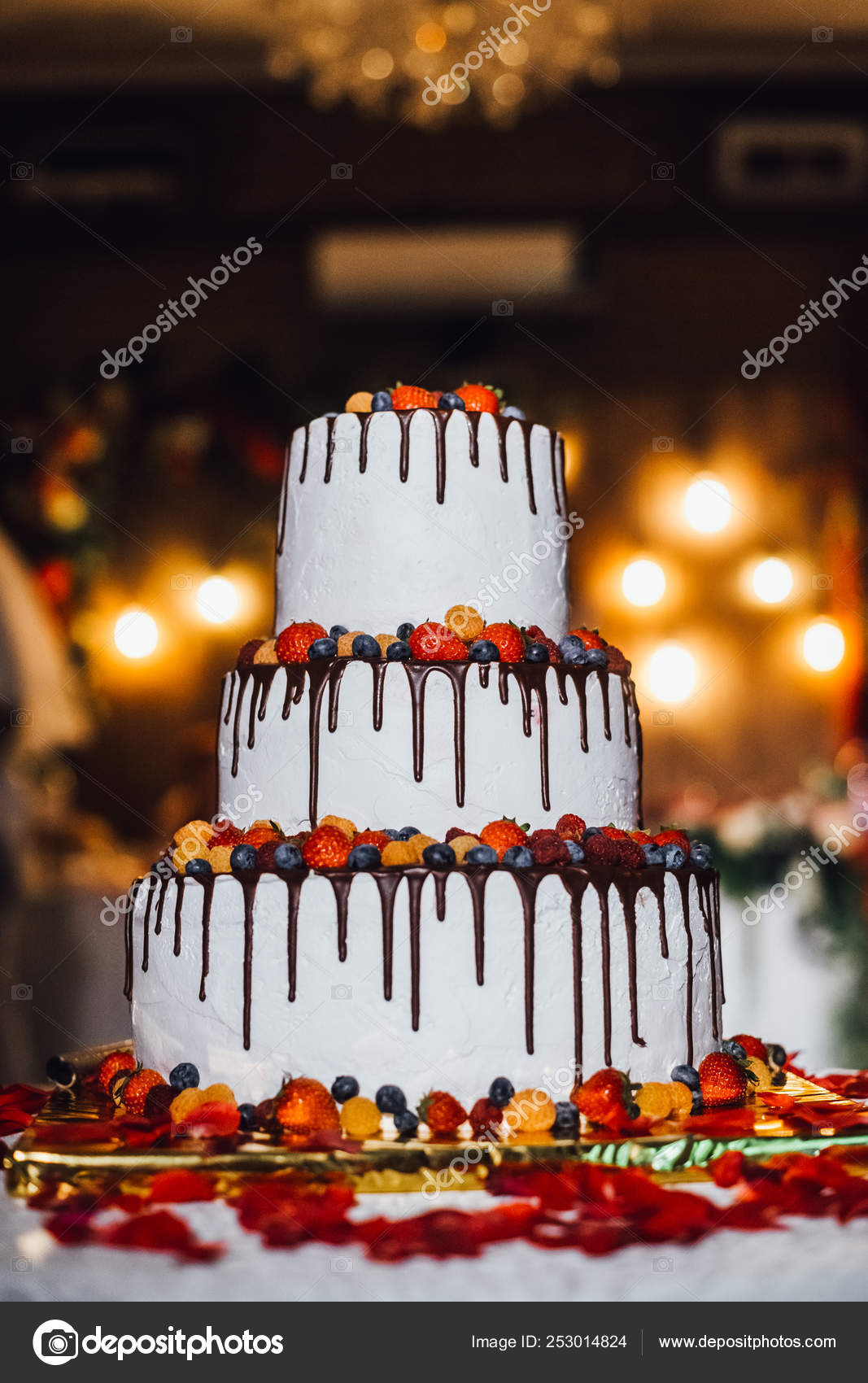 Beautiful Layered Wedding Cake Decorated Fresh Fruits Stock