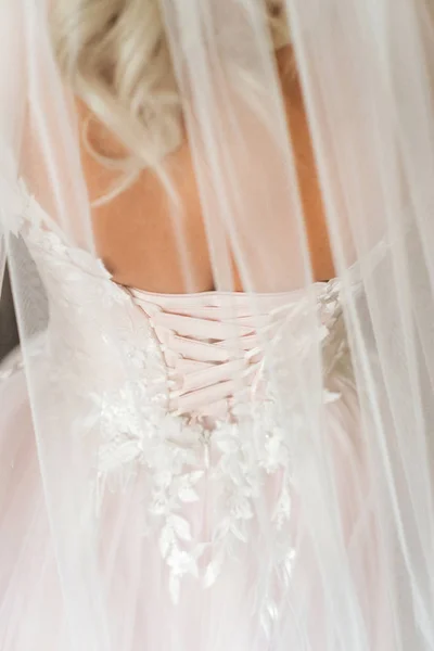 Vista Cortada Noiva Vestido Branco Véu — Fotografia de Stock