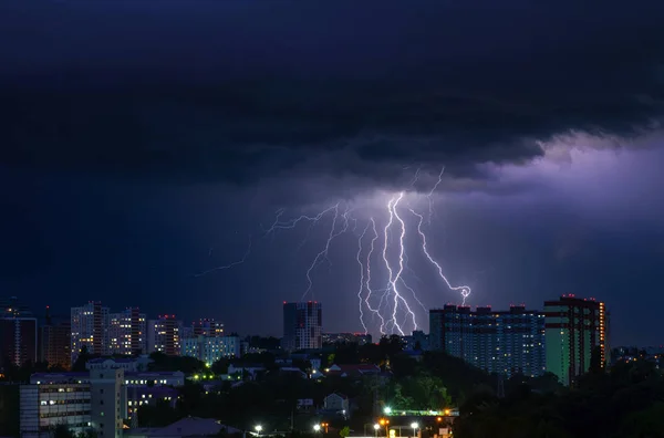 Night storm lightnings panorama Kiev Ukraine city