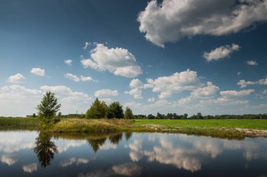 Güzel bir yaz günü gölü ve bulutlu gökyüzü olan doğa manzarası