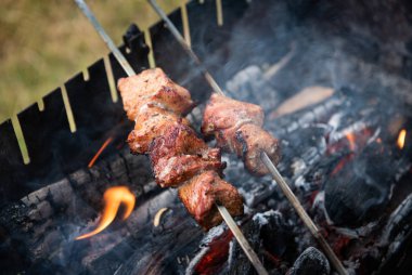Ahşap kömür ızgara et gıda taze sağlık beacon domuz üzerinde barbekü shashlik yapma 
