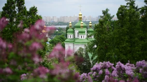 雨の教会が咲くライラックウクライナ4Kビデオの後の春キエフパノラマ — ストック動画