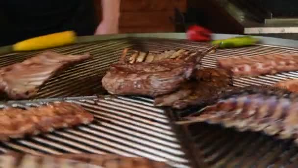 Costelas Defumadas Milho Frito Uma Grade Rodada Giratória Street Food — Vídeo de Stock