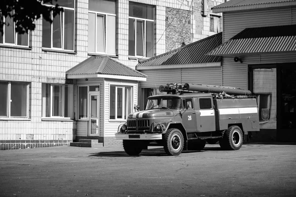 Fire Transport Truck Old Ussr Fire Station Ukraine Black White — Stock Photo, Image