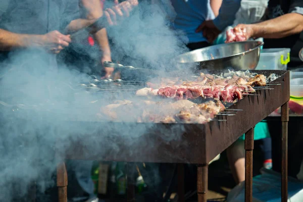 Het Maken Van Barbecue Kebab Shashlik Houten Kolen Grill Vlees Stockfoto