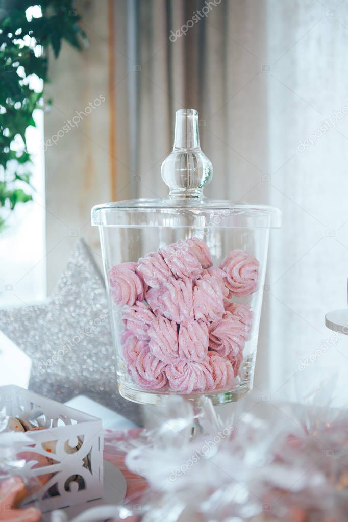 Homemade marshmallows  in Glass Jar. Pink marshmallows. Homemade sweets