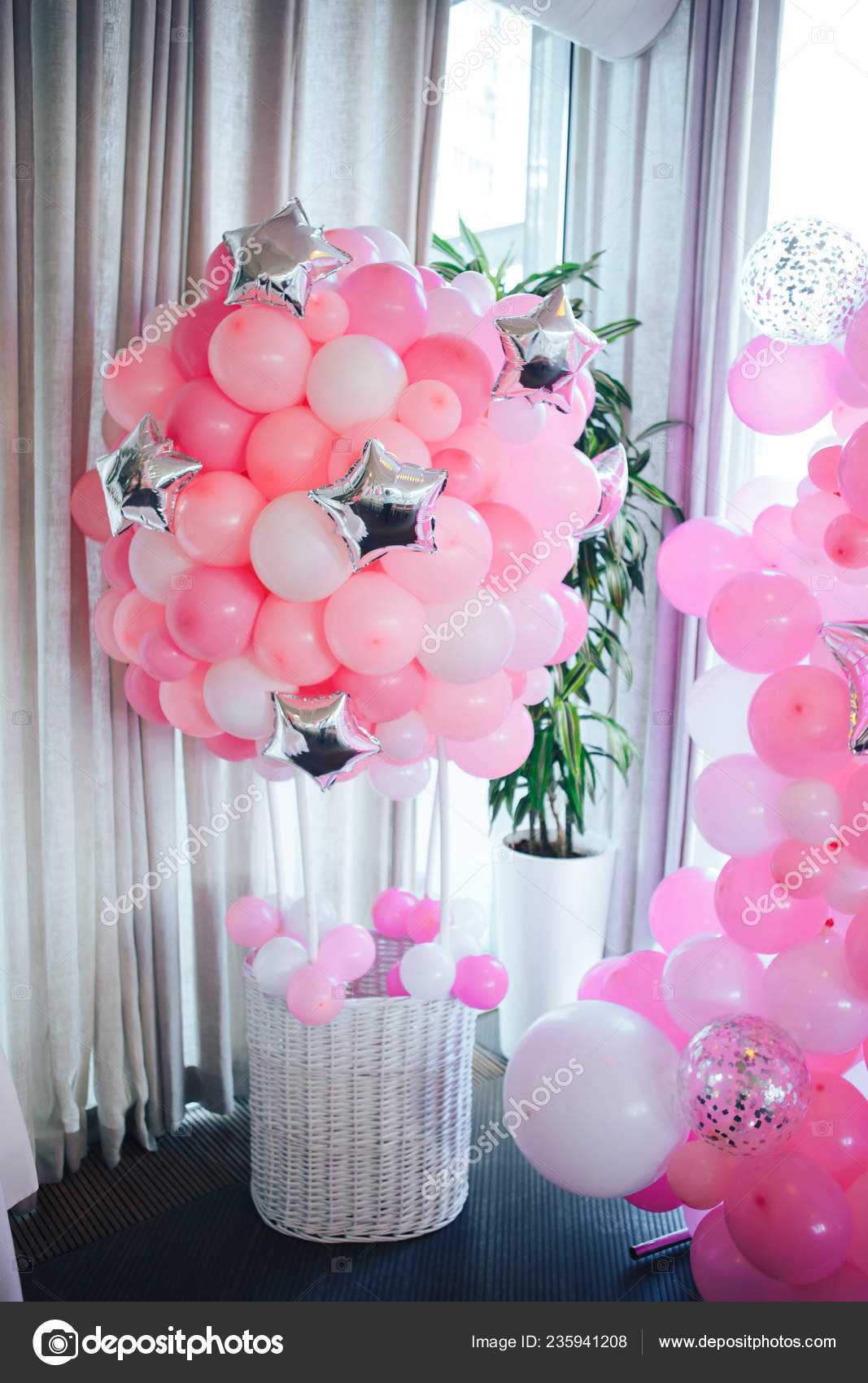 Balloon Basket Birthday Party Pink Balloons Stock Photo