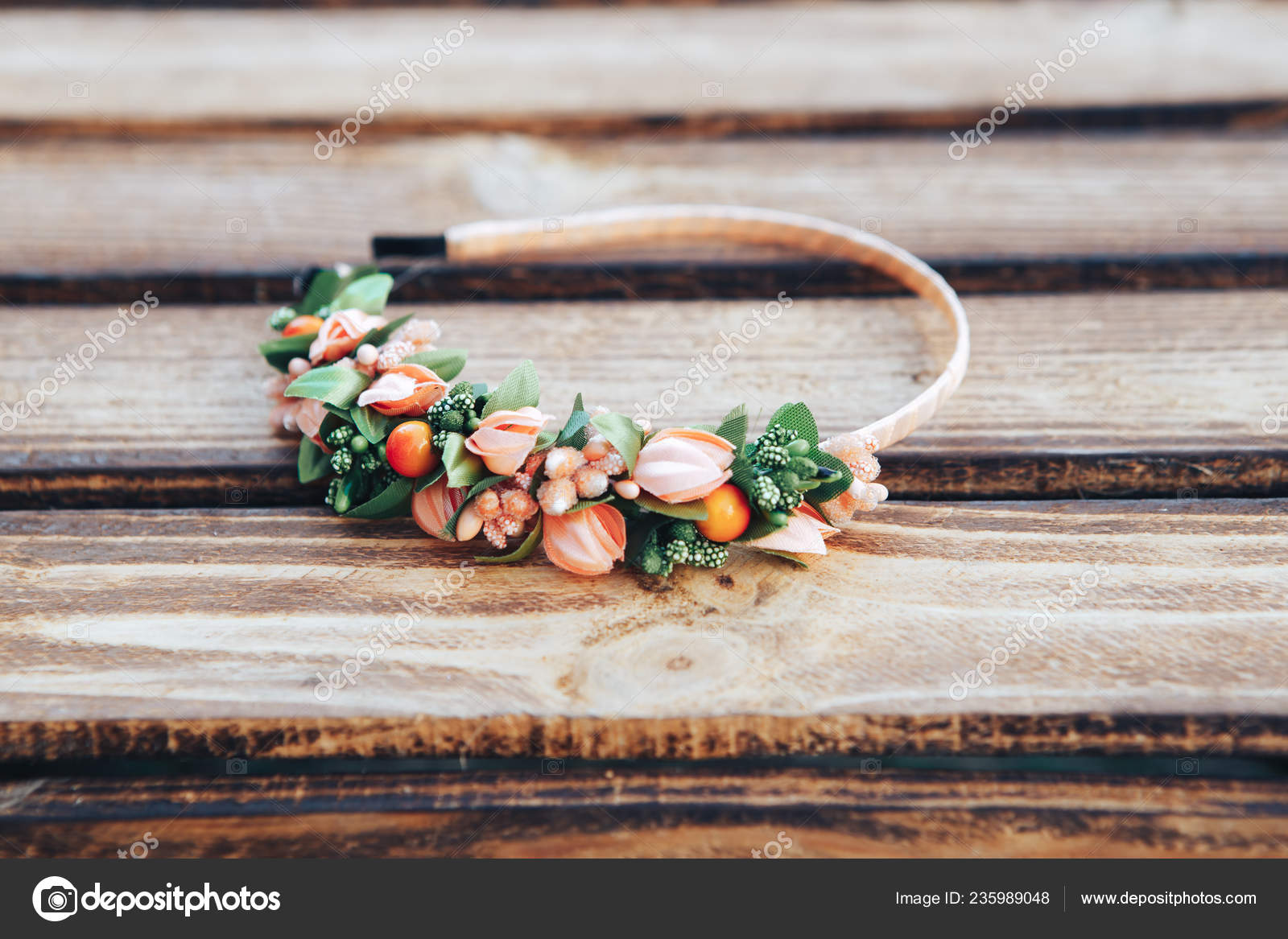 Handmade Hoop Flowers Orange Hair Band On Wooden Background