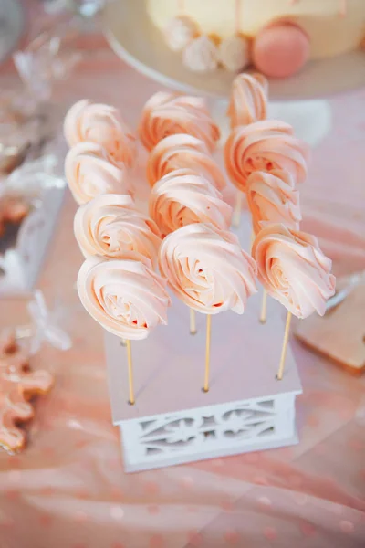 Doces caseiros merengue na vara Doces de merengue na vara de madeira — Fotografia de Stock