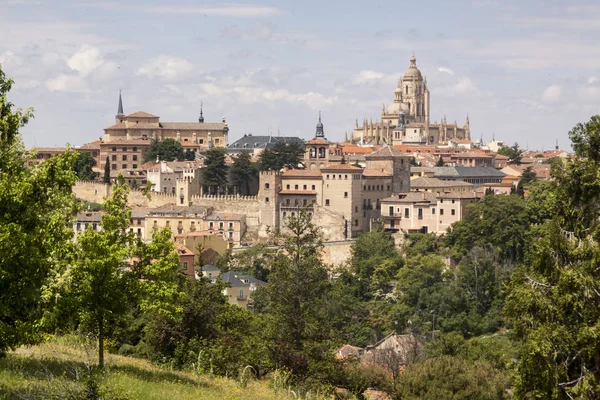 Fénykép Monumentális Segovia Katedrális Vízvezeték Történelmi Központ Fák Növények Tavaszi — Stock Fotó
