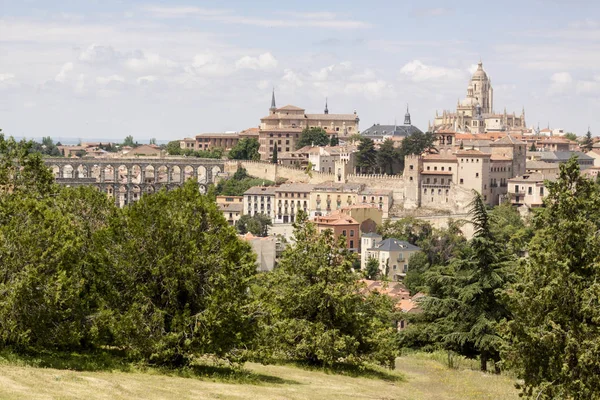 Fénykép Monumentális Segovia Katedrális Vízvezeték Történelmi Központ Fák Növények Tavaszi — Stock Fotó