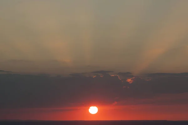 Natürliche Sonneneinstrahlung Auf Feld Oder Wiese Heller Dramatischer Himmel Und — Stockfoto