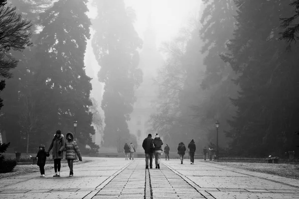 Palace Farm San Ildefonso Segovia Spain Gardens Palace Sunrise Fog — Stock Photo, Image