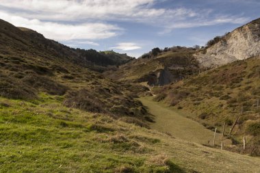 Flysch güzergahındaki jeolojik kaya oluşumları ve kayalıklar. Kantabriya Denizi. Vizcaya, Bask Ülkesi'nde. İspanya