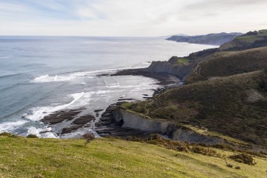 Flysch güzergahındaki jeolojik kaya oluşumları ve kayalıklar. Kantabriya Denizi. Vizcaya, Bask Ülkesi'nde. İspanya
