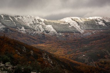 Sierra del Rincon 'da sonbahar kar ve orman manzarası. Madrid, İspanya 'da Sierra Norte.