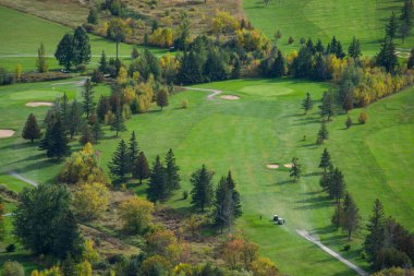 Sonbaharda yukarıdan görülen golf sahasında çam ağaçları ve diğer ağaçlar kırmızıya ve turuncuya dönüşüyor. Quebec, Kanada