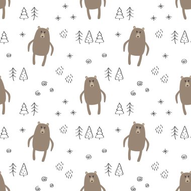 Ayılar ve ağaçlar siyah ve kahverengi beyaz bir arka planda İskandinav tarzı ile Seamless modeli.