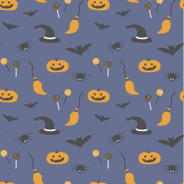 Cadılar Bayramı için vektör seamless modeli. Kabak, yarasa, şeker ve diğer öğeleri Halloween tema üzerinde. Cadılar Bayramı için parlak çizgi film desen.