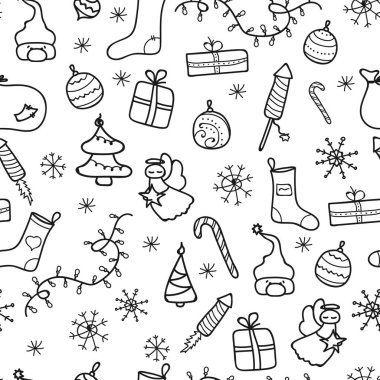 Noel ikonları kusursuz desen, Mutlu Kış Tatili fayanslarının arka planı. Çizgi ana hatları süsleme elementleri