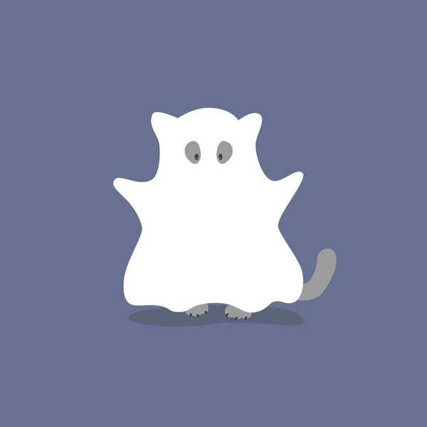 Mão Bonito Desenhado Halloween Card Pequeno Fantasma Branco Gato Bonito — Vetor de Stock