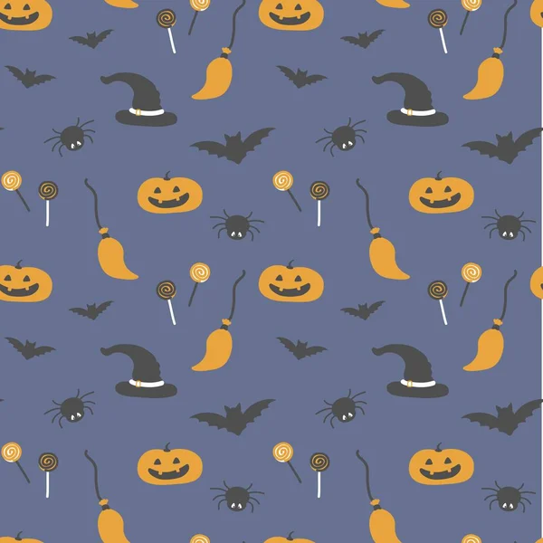 Modèle Vectoriel Sans Couture Pour Halloween Citrouille Chauve Souris Bonbons — Image vectorielle