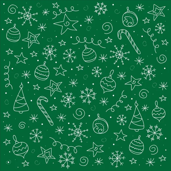 Gran Conjunto Elementos Diseño Navideño Estilo Doodle Sobre Fondo Verde — Archivo Imágenes Vectoriales